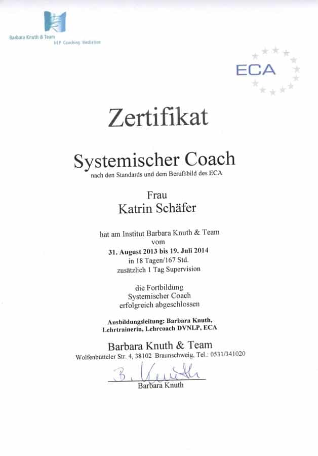 Zertifikat Systemischer Coach – Ernährungswissenschaftlerin und -beraterin und Coachin Katrin Schäfer