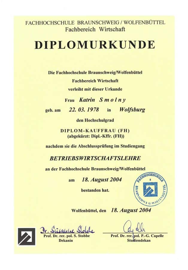 Diplomurkunde Diplom-Kaufffrau (FH) Fachbereich Wirtschaft – Ernährungswissenschaftlerin und -beraterin Katrin Schäfer