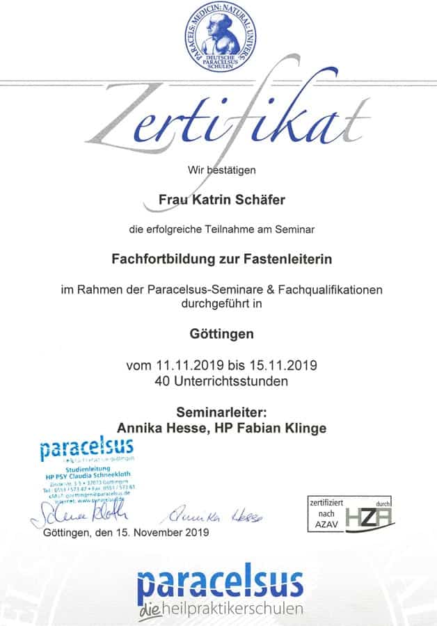 Zertifikat Fachfortbildung zur Fastenleiterin – Ernährungswissenschaftlerin und -beraterin Katrin Schäfer
