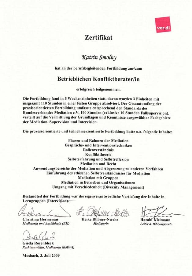 Zertifikat Betriebliche Konfliktberaterin – Ernährungswissenschaftlerin und Coachin Katrin Schäfer