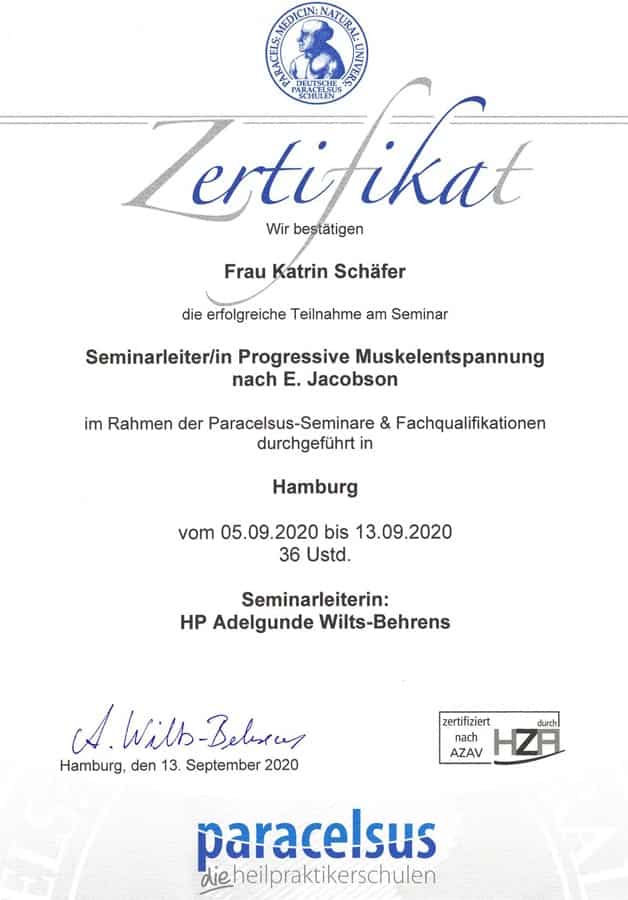 Zertifikat Seminarleiterin Progressive Muskelentspannung nach Jacobsen – Ernährungswissenschaftlerin und -beraterin Katrin Schäfer