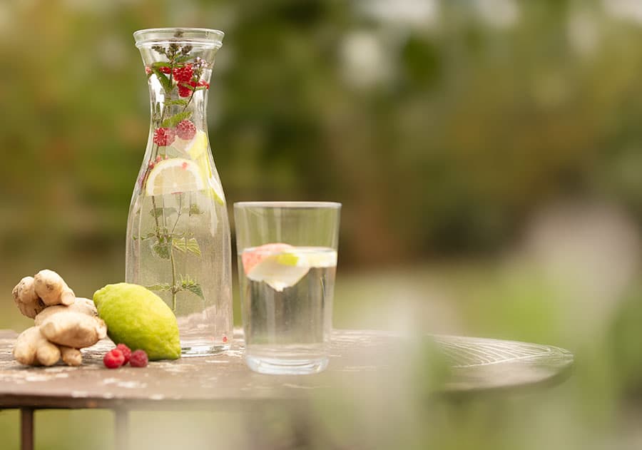 fasten-header-mobil Wasser in einer Karaffe, Ingwer, Zitrone und Himbeeren auf einem Tisch im Garten von Katrin SchÀfer, ErnÀhrungswissenschaftlerin